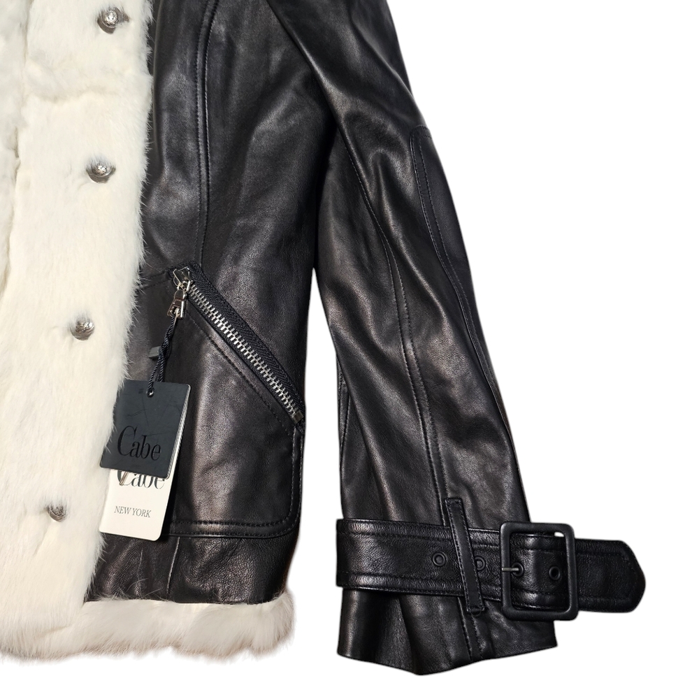 Cabe NY Black Leather Napoleon Jacket Real Rabbit Fur Trim Military Hussar Sz 4 - Picture 5 of 16